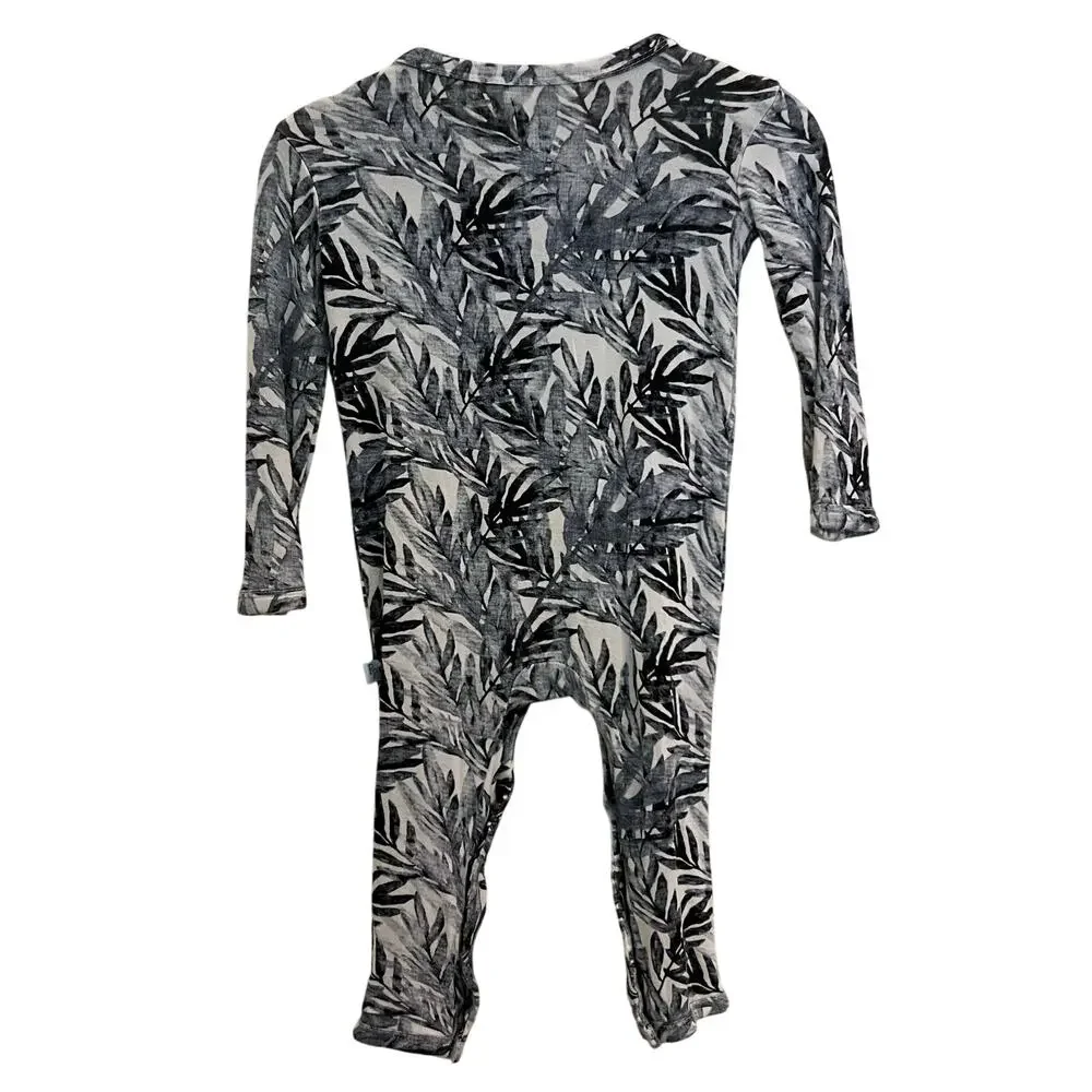 Posh Peanut Bamboo Leaf Print Long Sleeve Romper Gray Black 3-6M Baby Unisex